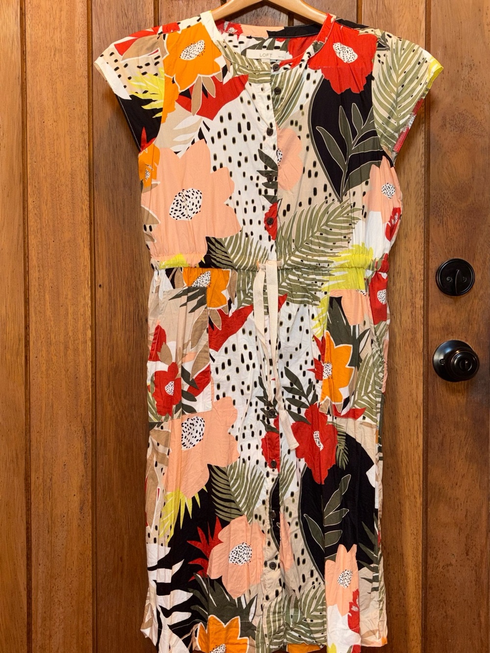 LOFT Multi-Color Floral Midi Dress in Fall Colors with Drawstring Waist